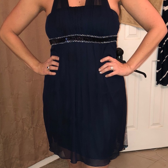 navy halter dress sz M(6-8). Sheer overlay. - Picture 2 of 3